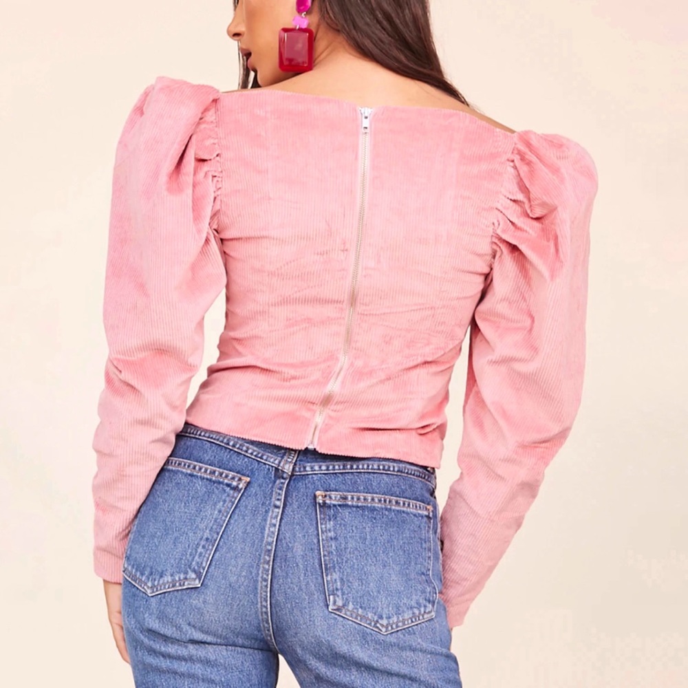 LPA pink Corduroy Zip Up Bustier long puffy puff sleeve square neck top - Picture 3 of 15